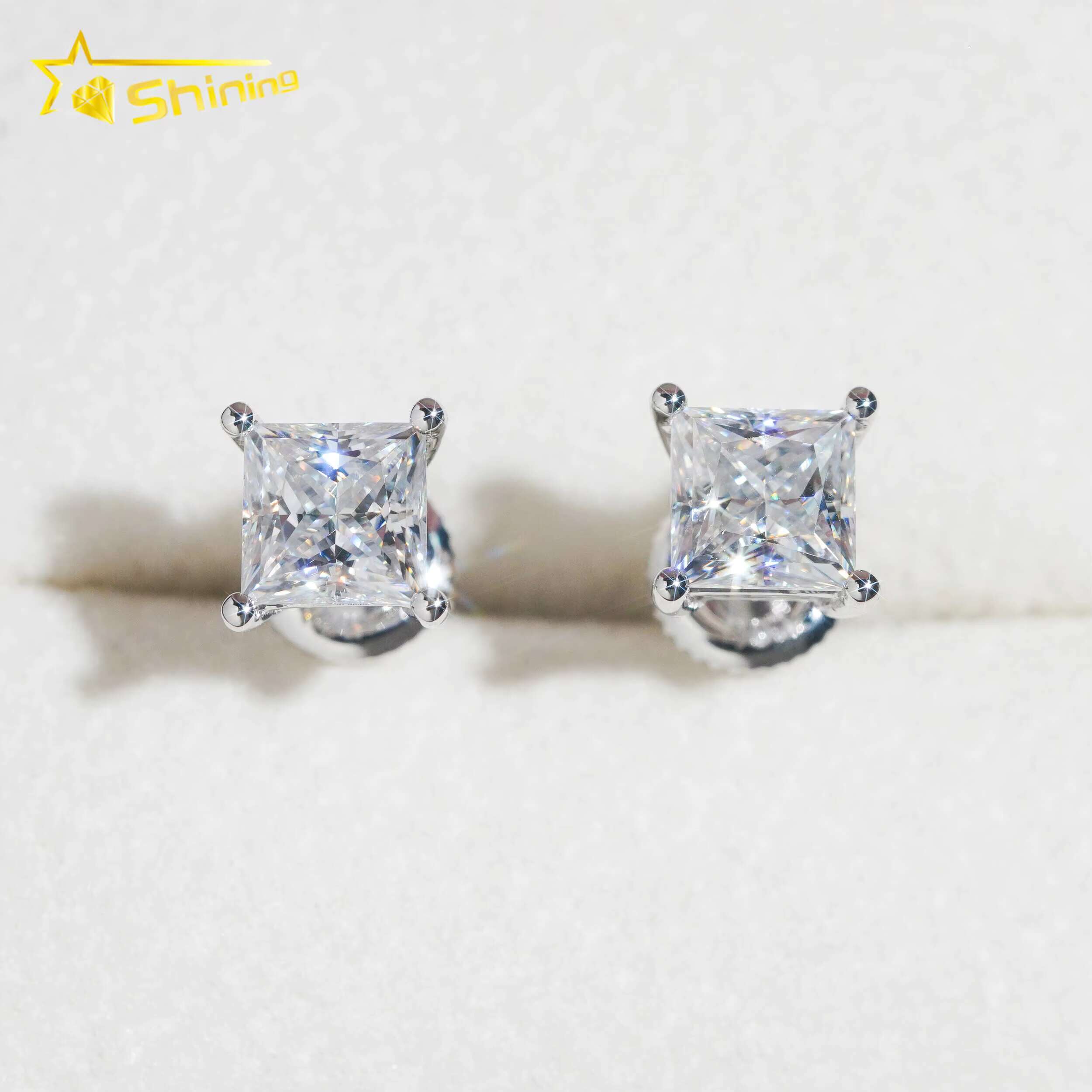 Dropshipping Real Jewelry 10k Solid Gold Princess Cut Moissanite Screw Back Stud Earring