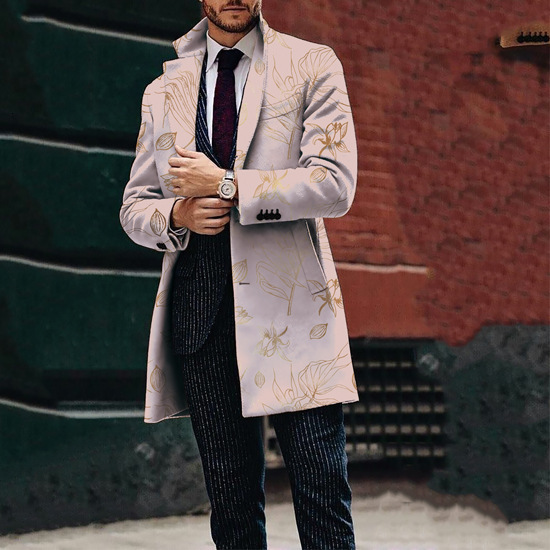 Autumn and winter new mens casual printed woolen medium long coat mens woolen coat