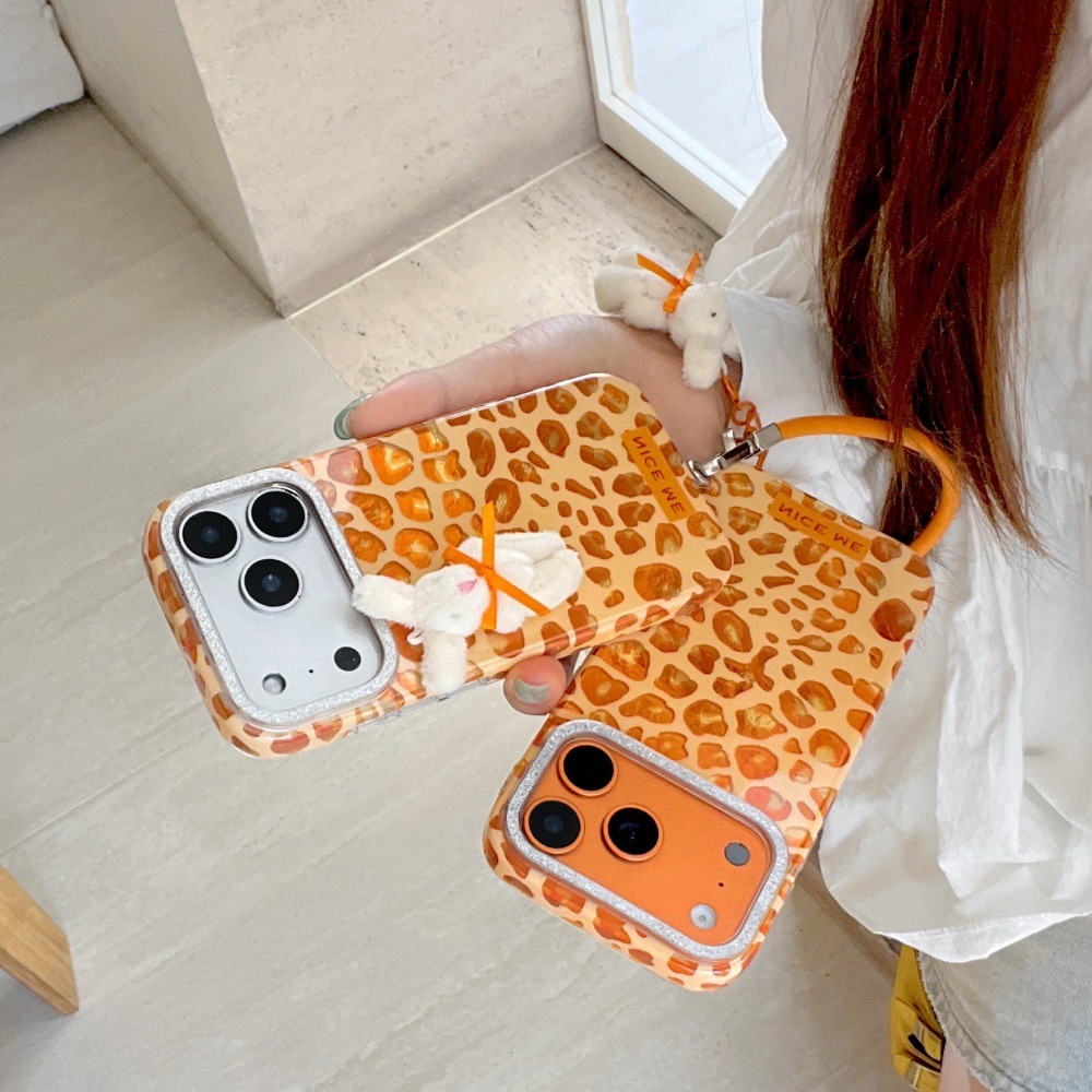 Orange Leopard Print Plush Bear Phone Case Compatible with iPhone 17/16 Pro Max Personalized Lanyard Case iPhone 15/14 Pro