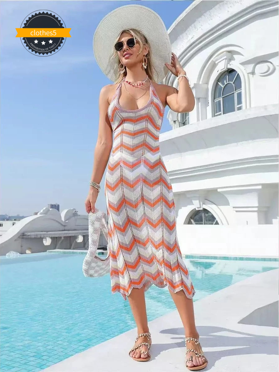 Summer Sexy Knitted Strap Backless Long Beachwear Women Dress Zigzag Breathable Tie Female Missony Beach Pool Clothes