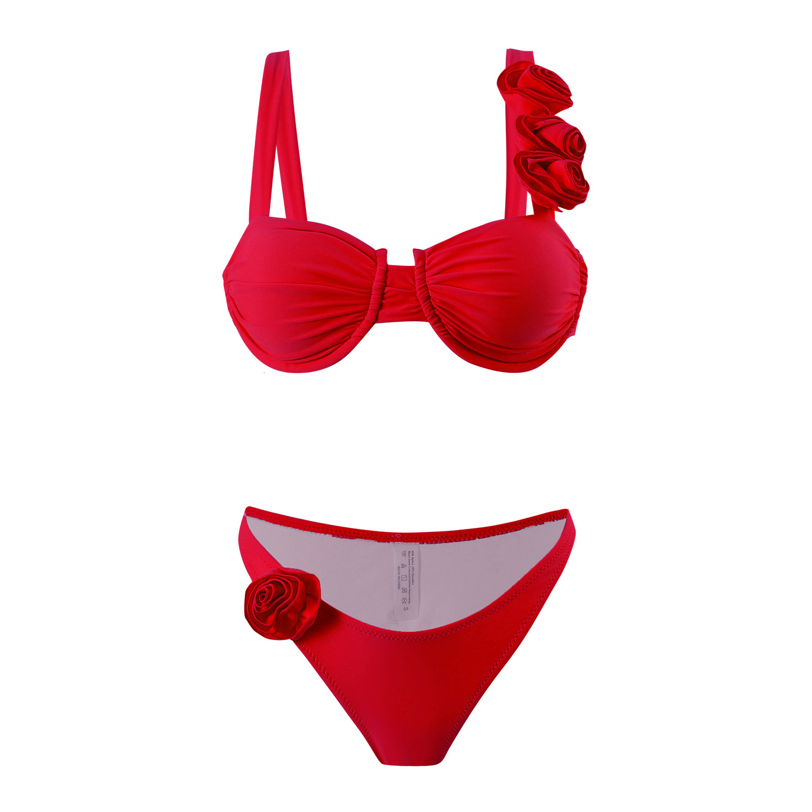 2025 3D flower bikini women's split solid color sexy suspender strap swimsuit