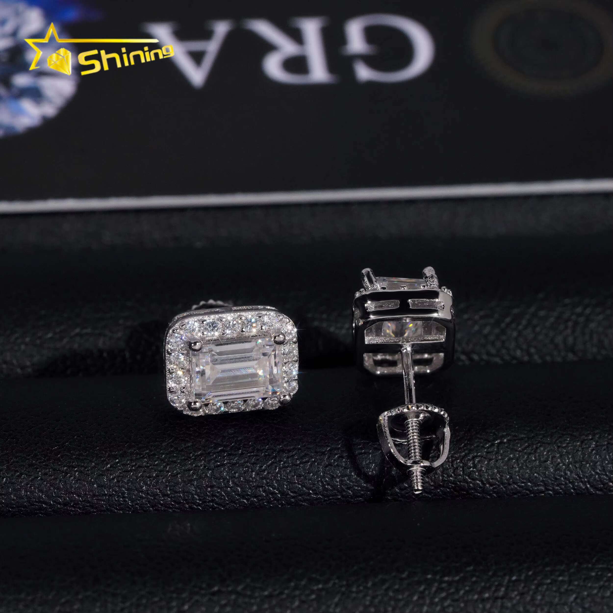 New Arrival Hip Hop Design Iced Out Emerald Cut Moissanite Stud Men Fine Sterling Sier Earrings Jewelry