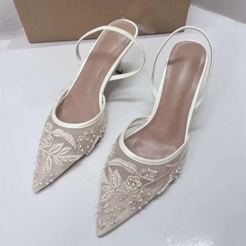 2025 New Women's Designer Mesh Dew Heel Sandals Fashion Printed Pointed Designer Women's High Heels Sexy Stiletto Women's Sandals