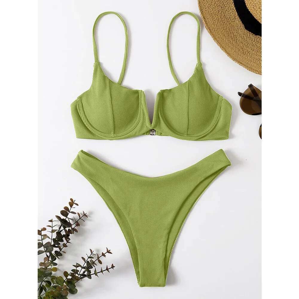 2024 Sexy Ribbed Underwired Swimsuit Women Solid Color V-neck Push Up Padded 2-piece Bikini High Cut Bathing Suit Beach Swimwear
