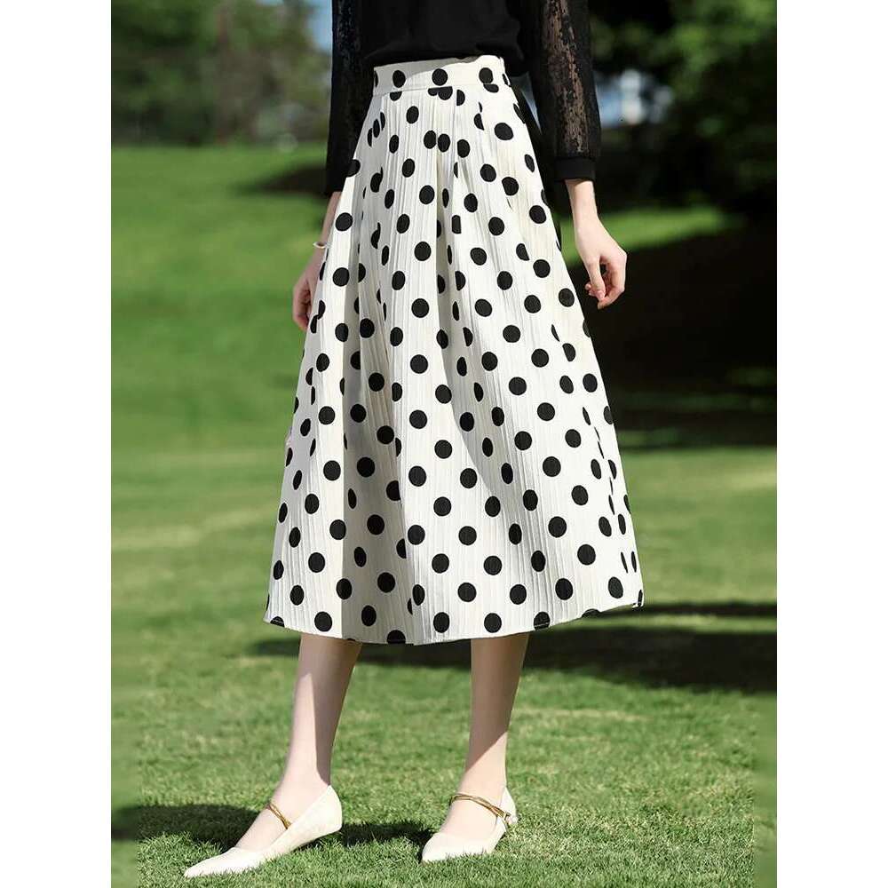 Retro High A-E Polka Dot 2025 Spring Back Elastic Waist Midi Pockets Elegant Skirt