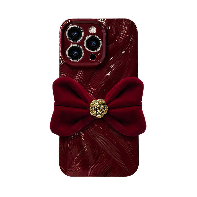 Camellia Bowknot Compatible with 16 Pro Phone Case 15 New Year 14 Wave Feather Gauze 1312 Silicone Shockproof J251202