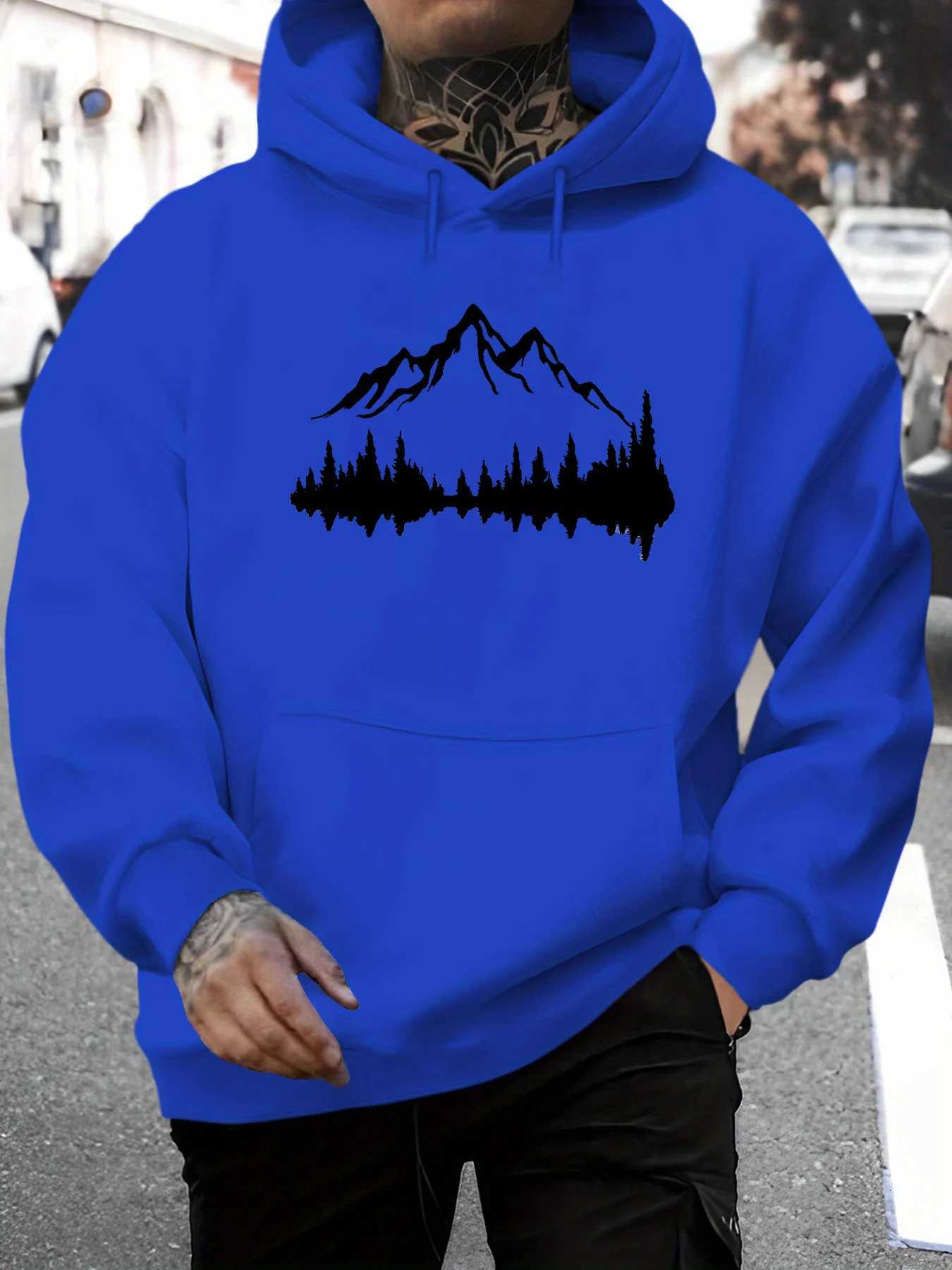 Mens autumn and winter casual fashionable loose hooded sweatshirt with mountain pattern printed long sleeved warm pullover W251106