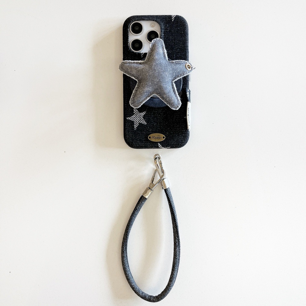Denim Magnetic Star Stand Phone Case Compatible with iPhone 17/16 Pro Max Solid Color Lanyard Case iPhone 15/14 Pro