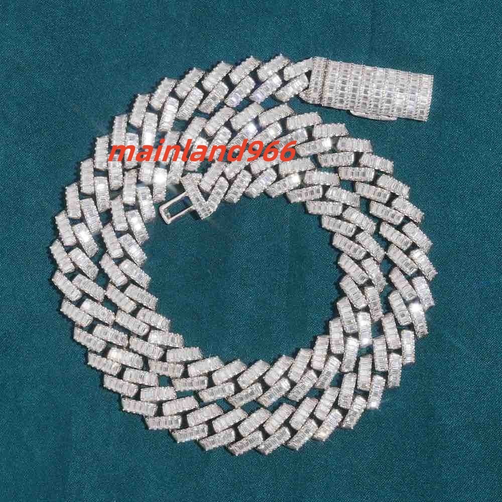 13MM White Gold Plated Baguette Stone Moissanite Cuban Link Chain For Fashions