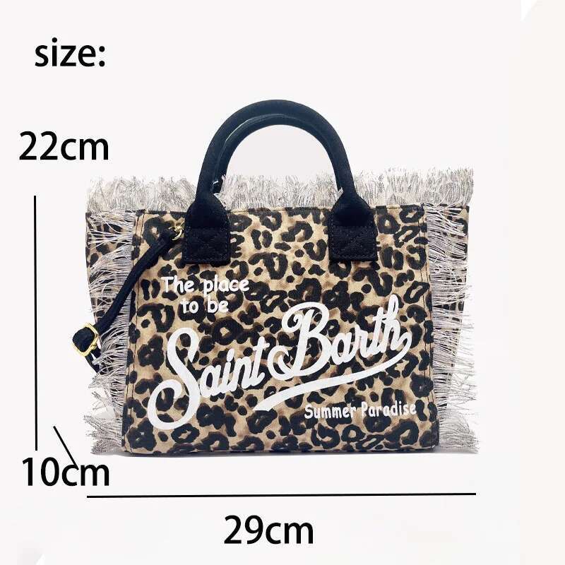 SAINT BARTH 2025 New I Women's Large Capacity Leisure Travel Leopard Pattern Small Canvas Handmade Tassel Handbag Tote Bag
