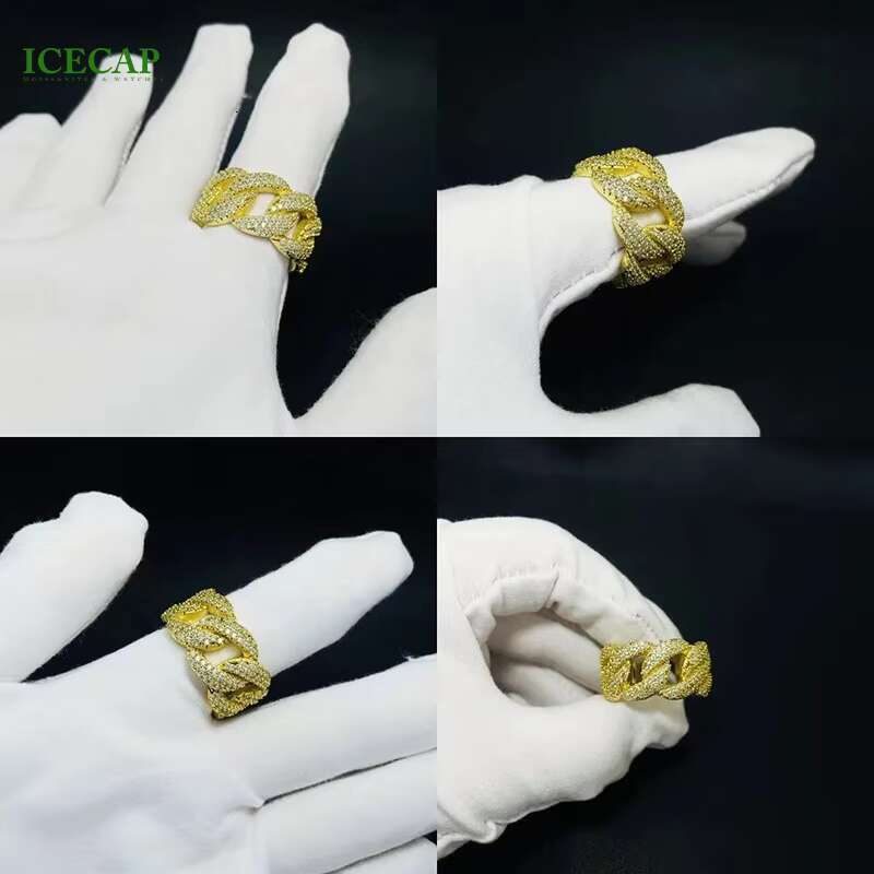 Iced Out Fashion Jewelry Hiphop Yellow Gold Plated 925 Sterling Silver VVS Moissanite Diamonds 3 Rows Cuban Ring for Men Women