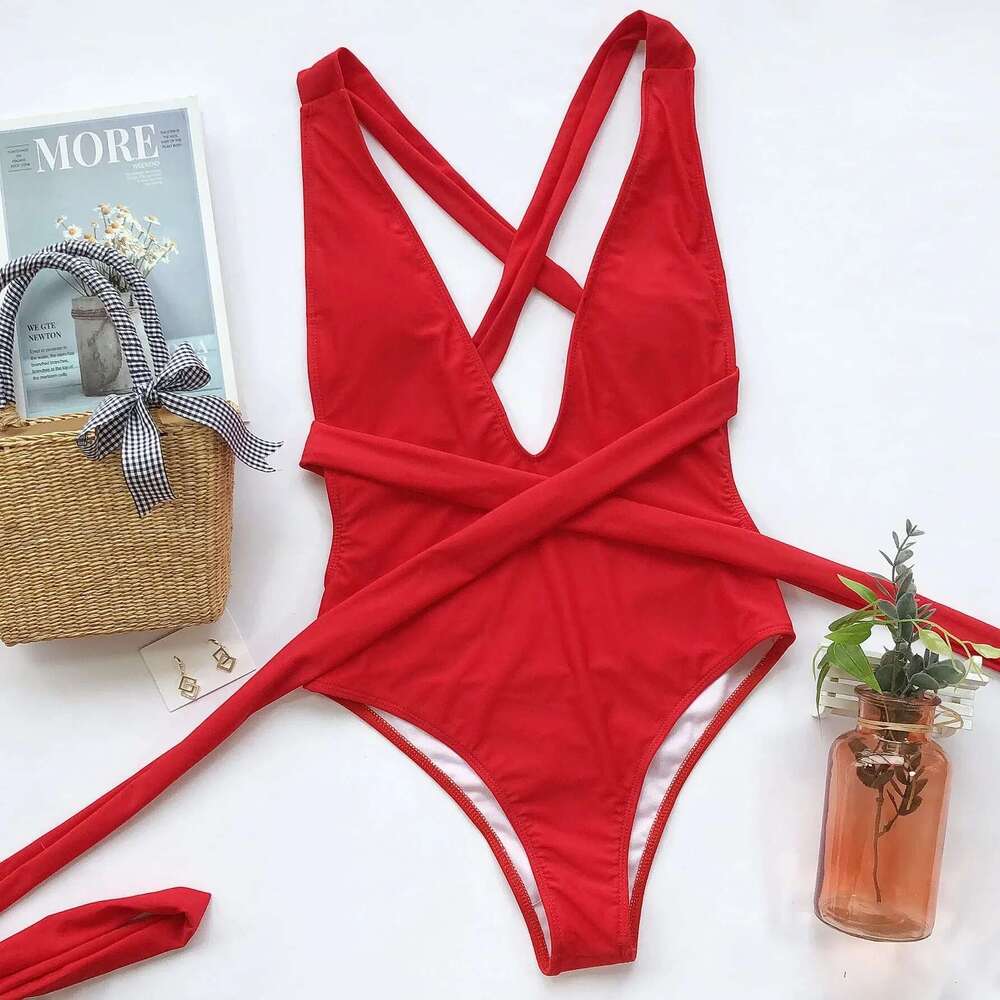 Sexy Solid Red One Piece Swimsuit Women Push Lace Up Bandage Bodysuit Brazilian Deep V Neck Backless Bathing Suit Swimwear