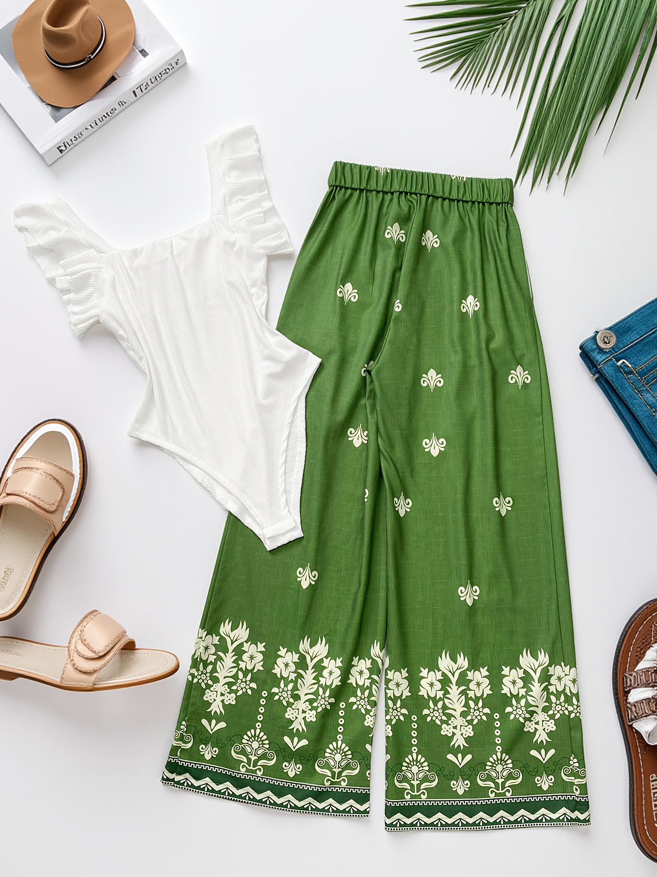 Women's Romantic Sexy Ruffle Sleeve Bodysuit & Floral Printed Wide-Leg Pants Set, Polyester Loose Vacation Outfit with White Top & Green Pants---
