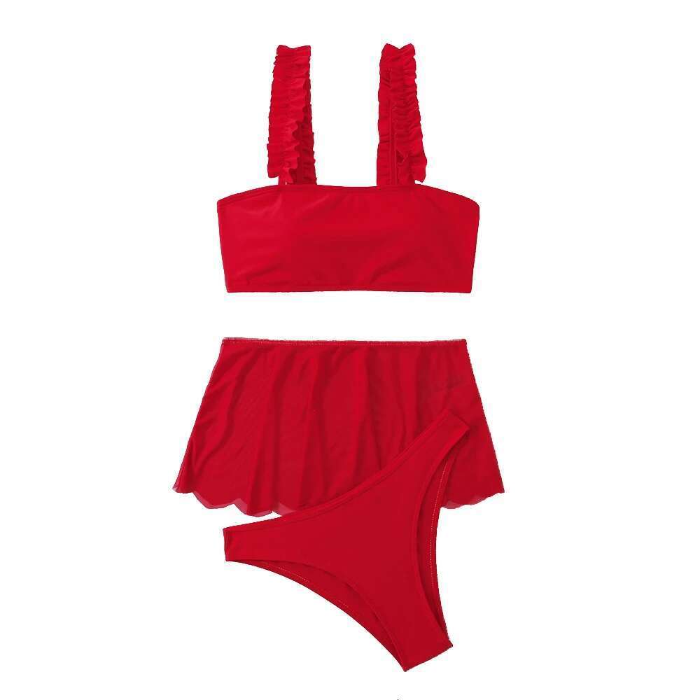 2023 Red Swimsuit Women Sexy High Waist Skirt Three-Piece Bikini Ruffle Suspender Chest Wrap Swimwear Summer Beach Bathing Suit
