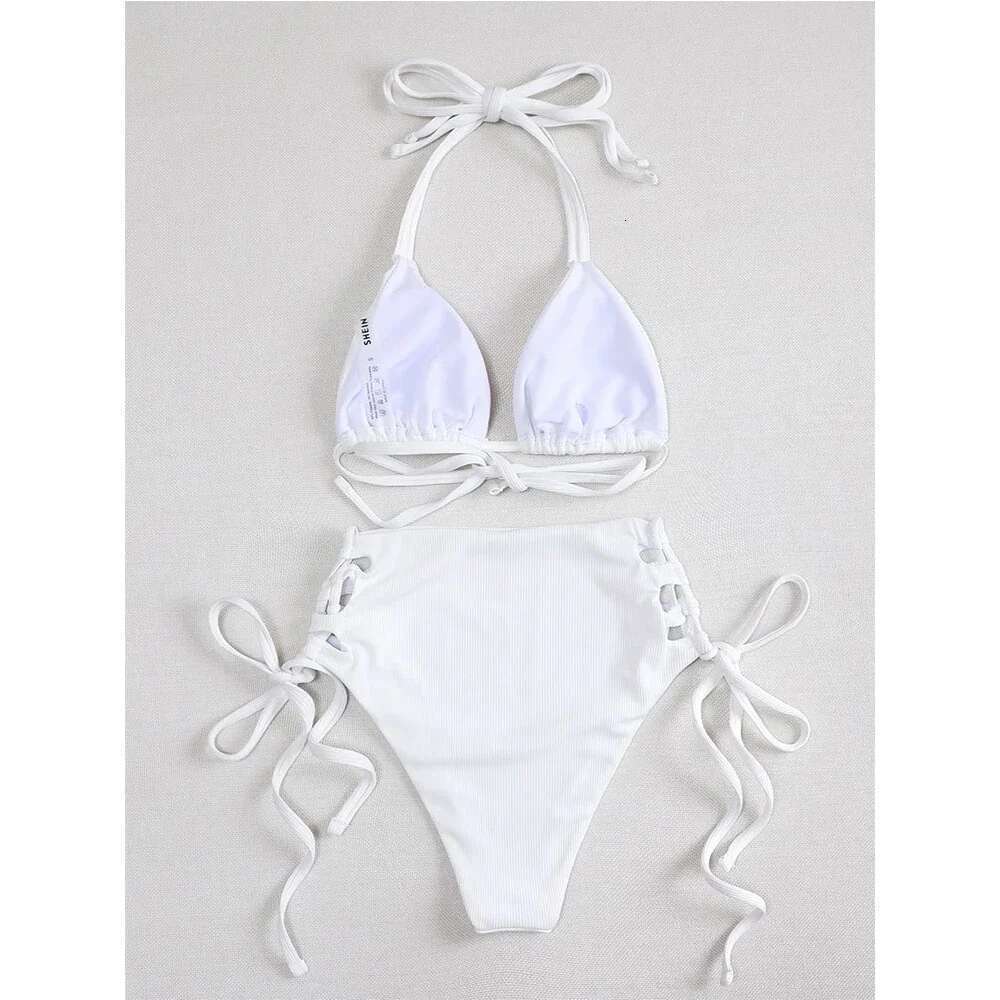 2024 Solid Color 2-piece Swimsuit for Women High Waist Hollow Out Split Bikini Sexy Triangle Cup Halter Backless Bathing Suit