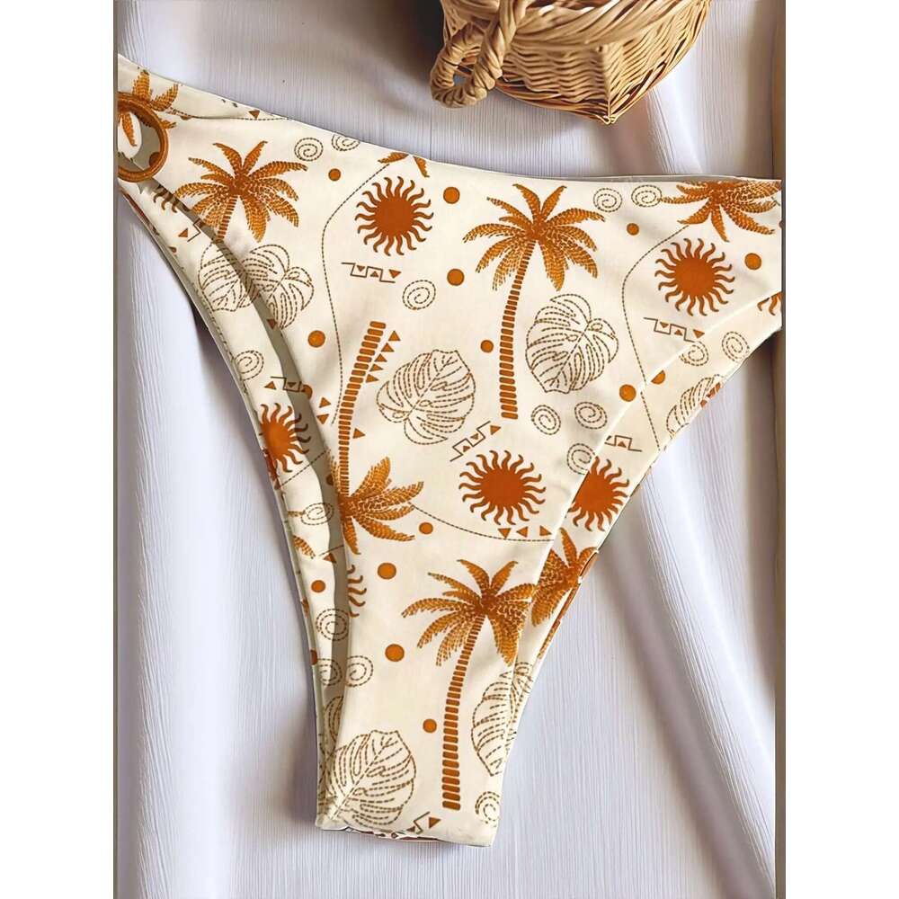 Sexy Yellow Coconut Tree Print Bikini Set Women Halter Push Up Underwire Thong Swimsuit 2025 Beach Bathing Suit Micro Swimwear
