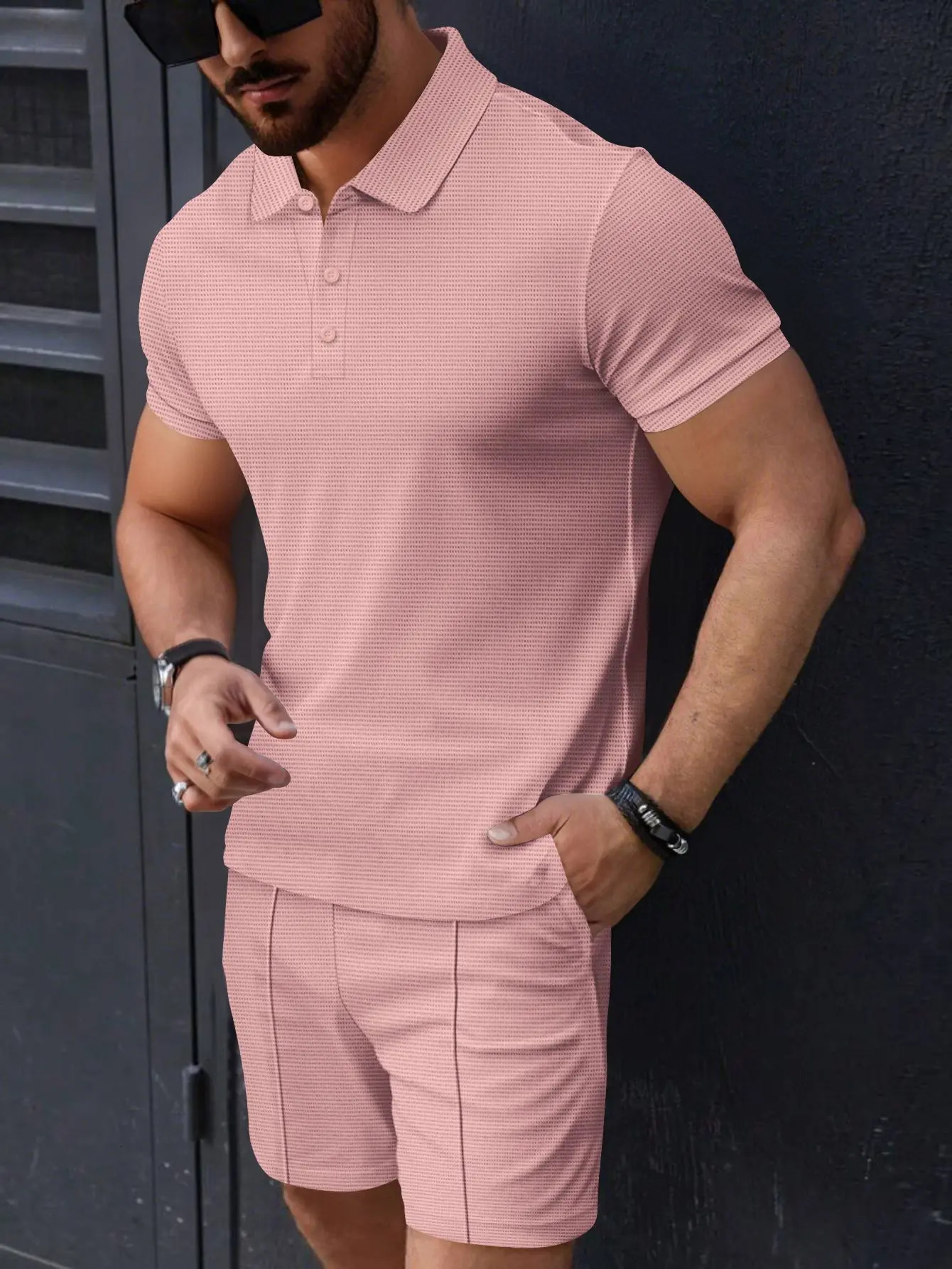 summer mens casual sportswear street solid color plaid collar short sleeved polo shirtshorts two-piece set 250402