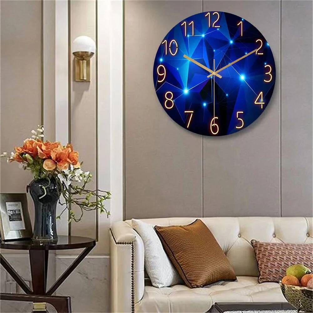 1pc 12inch Wall Clock Geometric Elements Dark Blue Thickened Tempered Glass Silent Movement Quartz Living Room Home Decor Gift ddmydog