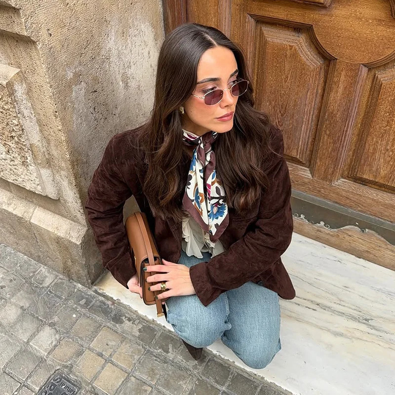 Retro suede lapel jacket womens brown long sleeved loose jacket casual jacket 250402