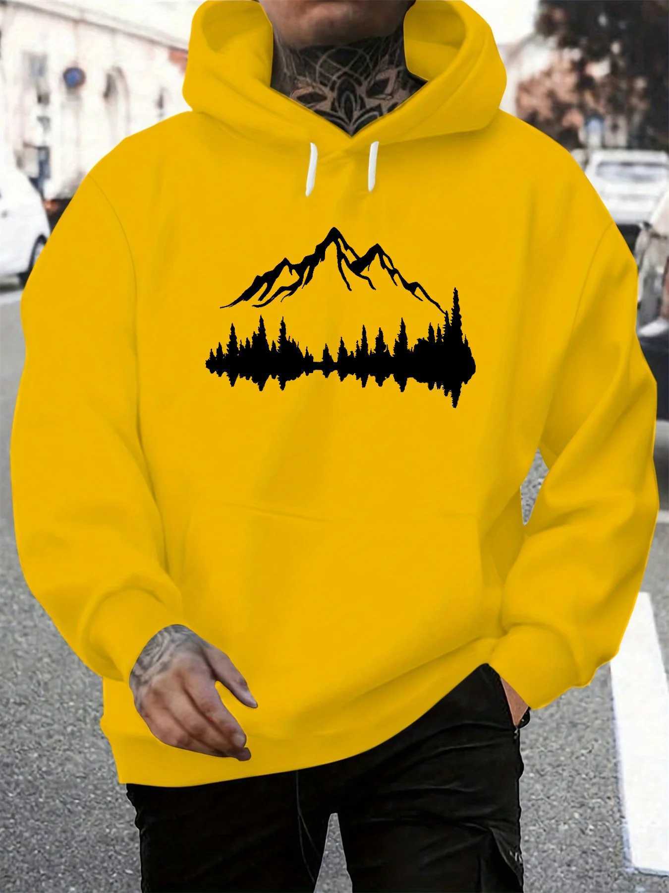 Mens autumn and winter casual fashionable loose hooded sweatshirt with mountain pattern printed long sleeved warm pullover W251106