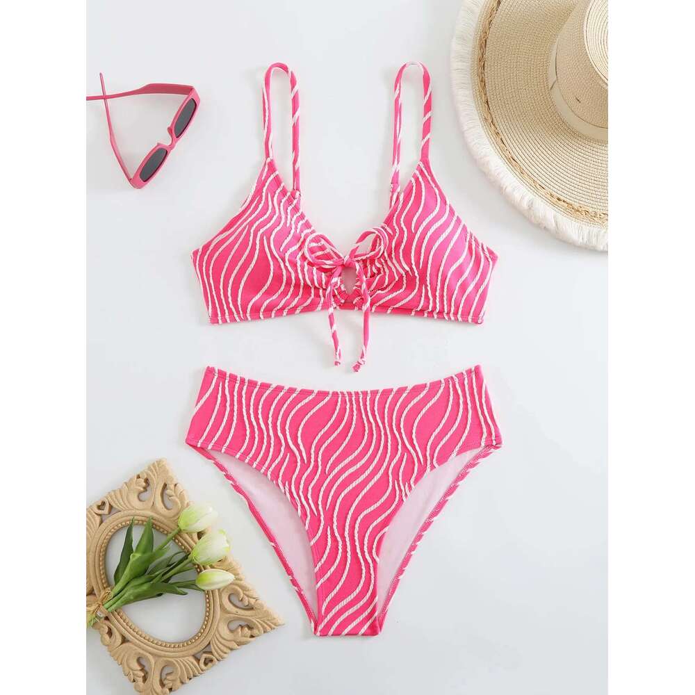 2025 New Women's Bikini Set Stripe Print 2 Pice Swimsuit Drawstring Lace-up V Neck Suspender Backless Beach Vacation Swimwear