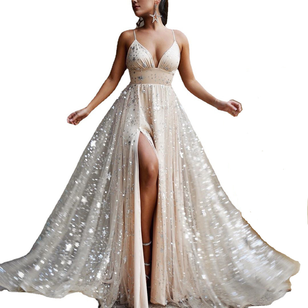 2025 Summer New Womens Suspender Long Dress with Waist Cinched Slit and Bright Chip Mopping Floor Swing Dress