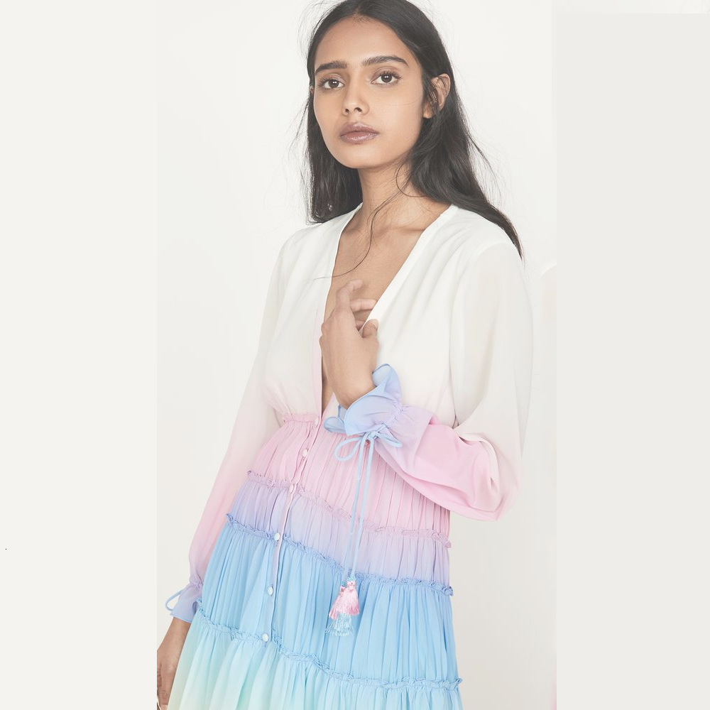 2025 Womens Deep V-long Sleeved Gradient Printed Dress Long Skirt