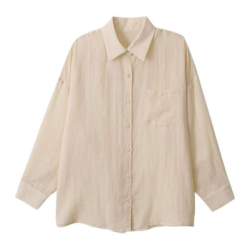 100% Ramie Thin Breathable Women Shirt Chic French Lapel Single-Breasted Cardigan Ladies Loose Simple Long-Sleeved Shirts