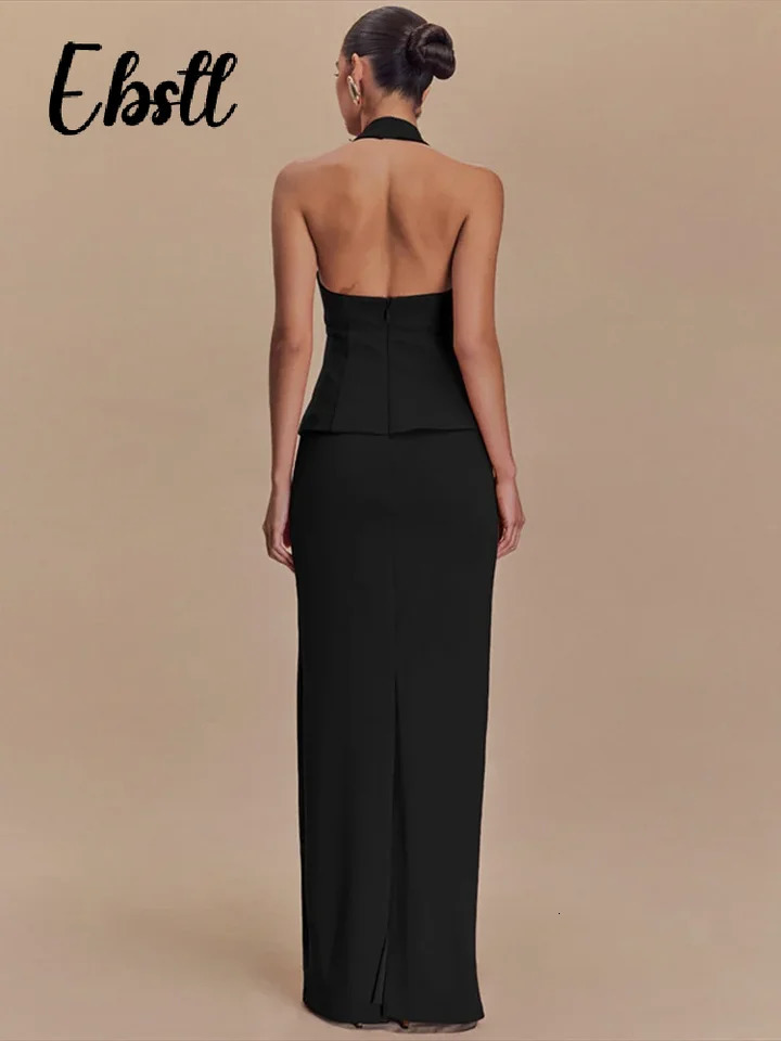 Elegant camisole top set womens solid sleeveless top spliced long skirt womens clothing for spring and summer 250402