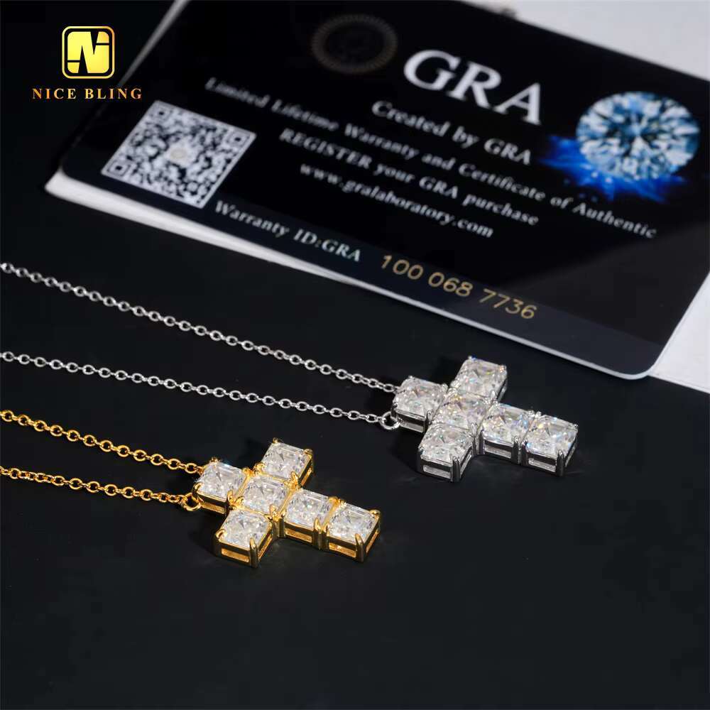 Classic Asscher Cut Women Link Chain Iced Out 925 Sterling Silver VVS Moissanite Diamond Women Jewelry Cross Pendant Necklace