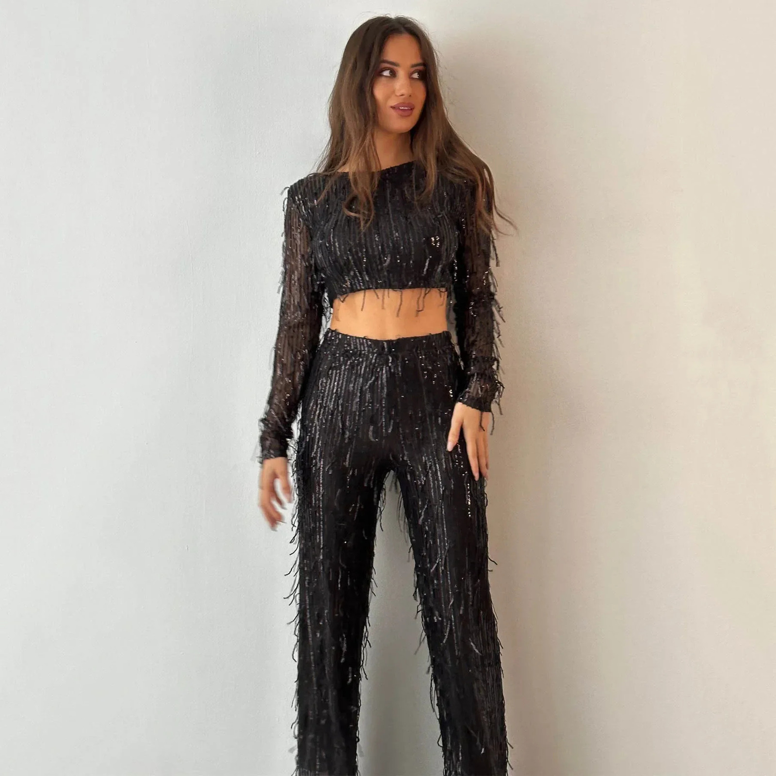 Womens tassel sequin party 2-piece set autumn shiny silk O-neck crop top wide leg pants womens set fashion street womens S 250402