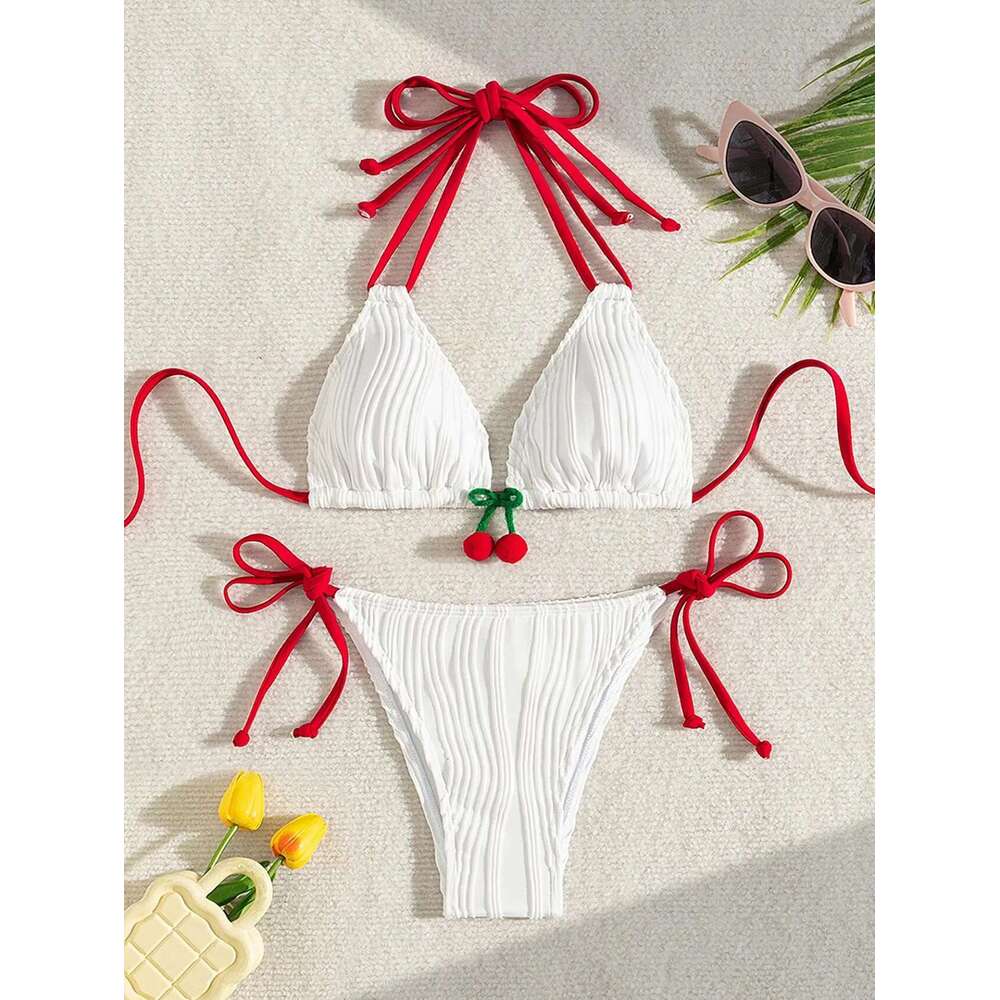 Sexy White Cherry Bikini Set 2025 Women Red Strap Contrast Ribbed Push Up Micro Swimwear Brazilian Beach Bathing Suit Swimsuit