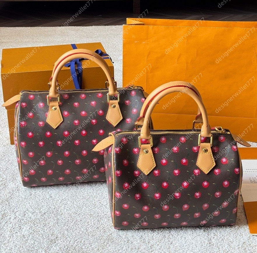 Womens designer small cherry flower tote bags genuine leather crossbody shoulder Bag luxury brown women handbag fashion purse 25 30 high quality