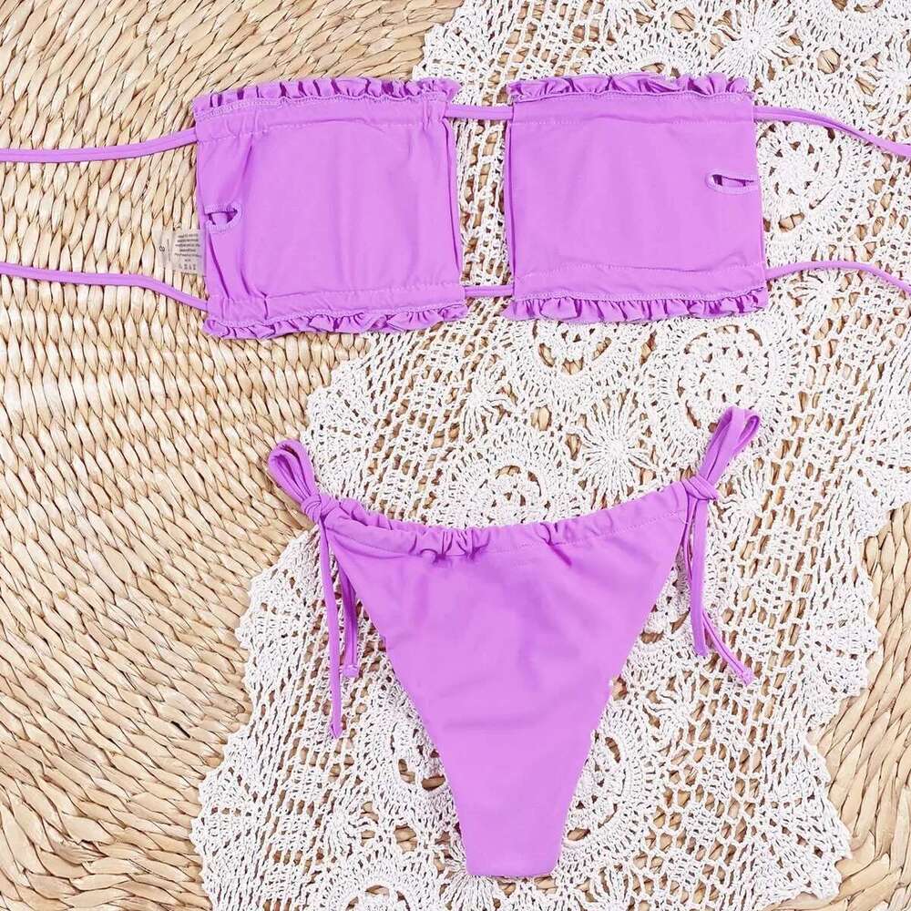 Purple Bikini Sexy Ruffle Hollow Out Women 2 Piece Swimsuit Off-shoulder High Waist Thong Bathing Suit Beach Swimwear XMQC1977