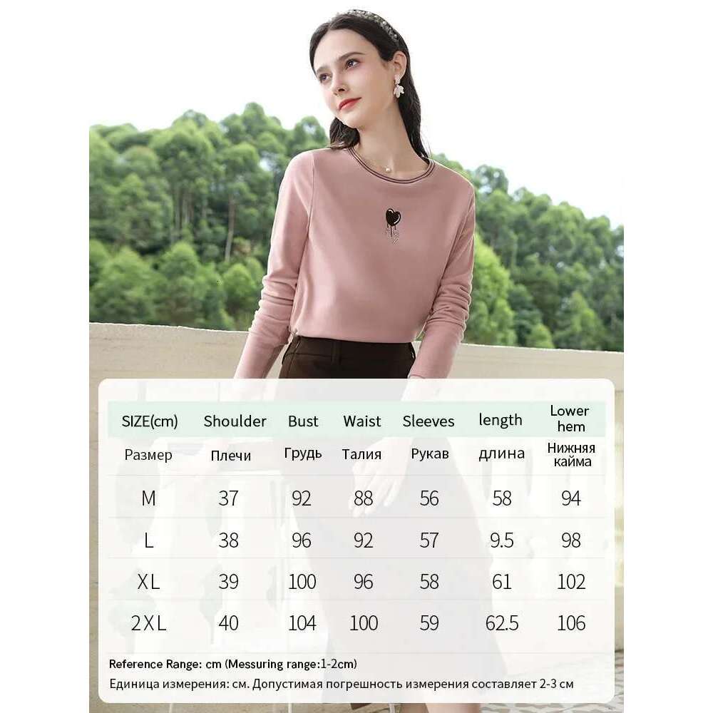 Pink Embroidery Warm Long Sleeved T-Shirt Top For Fall Clothes Women Base Office Lady Shirt