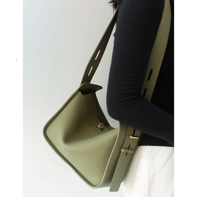 French Euro Style Wide Adjustable Strap Green Flap Shoulder 100% Cowhide Leather Women's Crossbody Bag