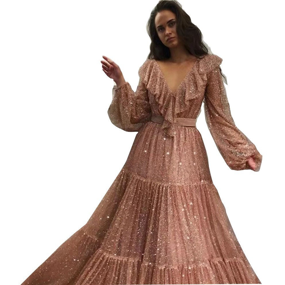 2025 Spring/summer New Womens Dress Sexy Long Sleeve V-neck Sandalwood Evening Dress Long Dress