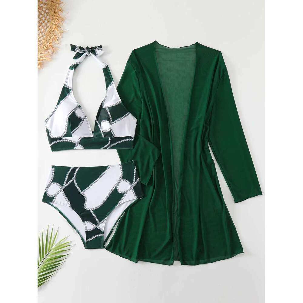Green Print 3-piece Swimsuit for Women,long Sleeve Mesh Cover-ups Bikini,high Waist,V-neck Halter Backless Swimwear,2024 New