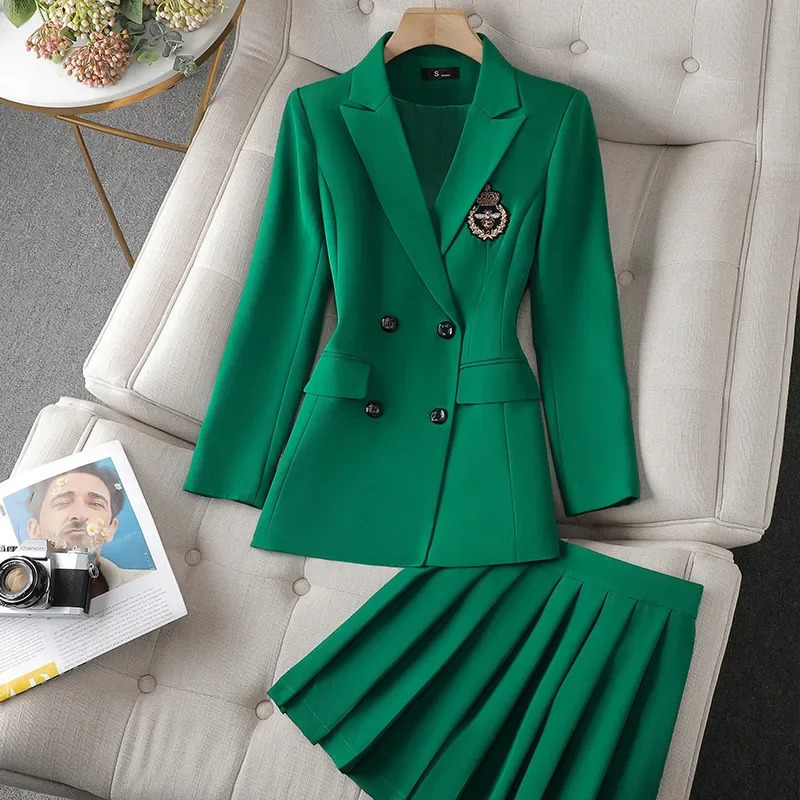 Elegant High-end Feeljk Green Suit Womens Autumn Collection Jacket Skirt Two-piece Western-style Clothes 250401