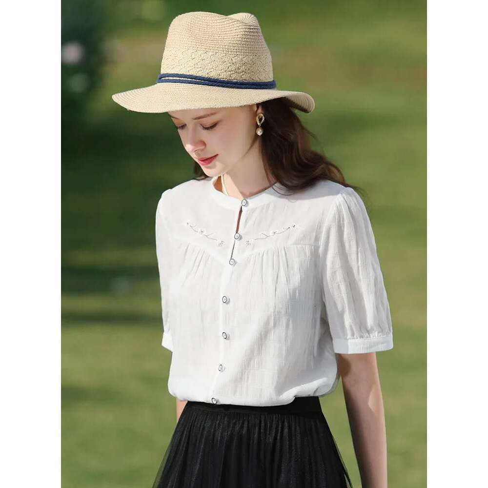 Chinese Puff Short-Sleeve Women Shirts 2025 Summer New Embroidery Chic Trendy Female Basics Blouses