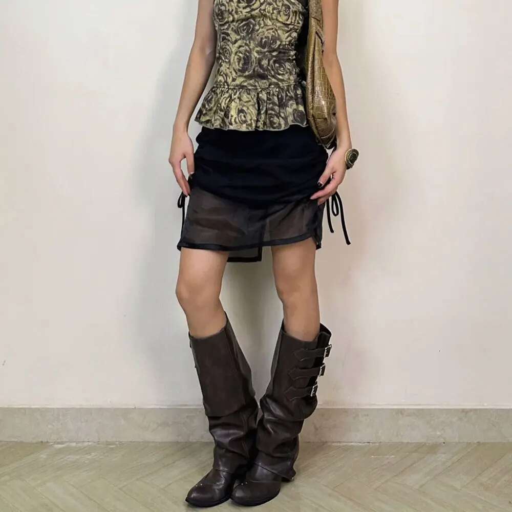 Brand New Quality Wasteland Style Vintage Y2k Detachable Knee High Boots Barrel Maillard Trouser Leg Boot Women Black Shoes