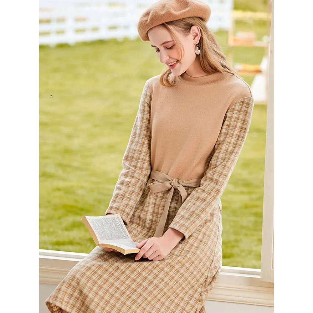 Women Dresses New Autumn Fake Two Wrist Plaid Winter Waist Slim Lace-Up Temperament Chic Dress