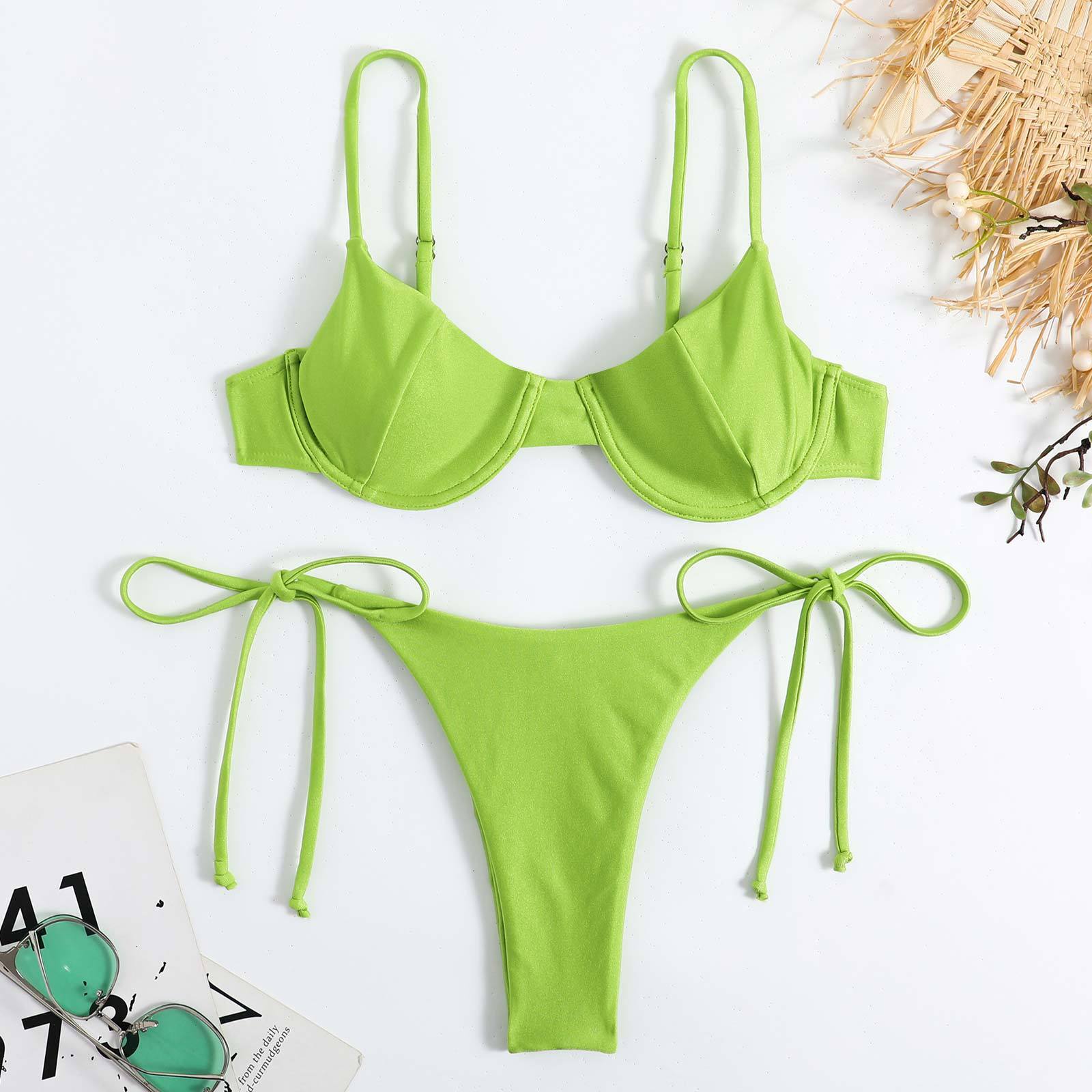 2025 Split Triangle Sexy Steel Stand Gathers Beach Bikini Nylon Swimsuit Female