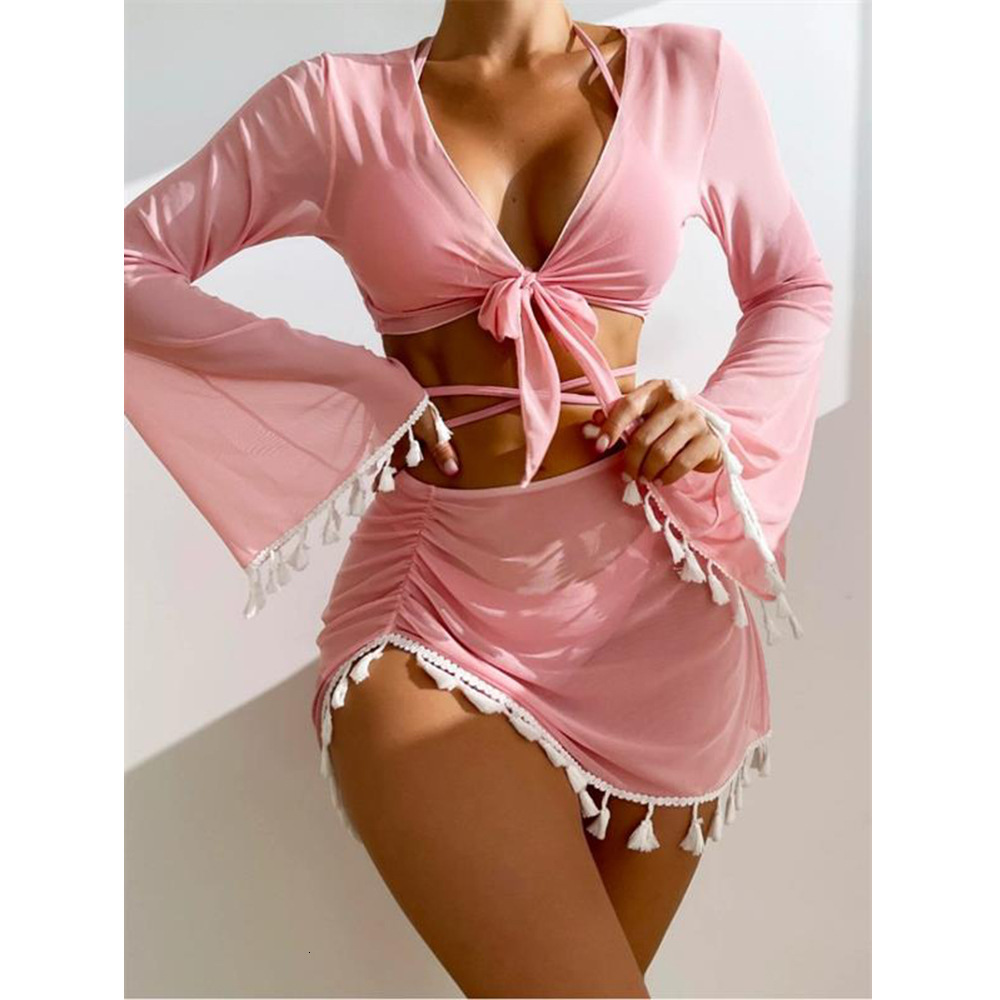 Fashionable trumpet long sleeved hooded shirt with tassel edge short skirt, split triangle sexy bikini four piece swimsuit for women