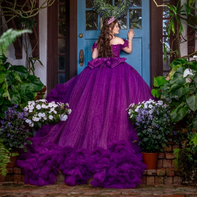 Purple Shiny Princess Quinceanera Dresses Off Shoulder Beading Crystal Applique Bow Tiered Tull Sweet 16 Dress Ball Gown Vestidos 15 De Anos