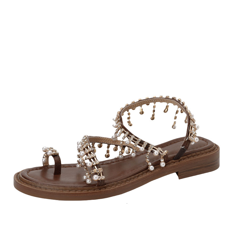 2025S Designer Women's Sandals Temperament Bohemian Feng Shui Diamond Exquisite Flat Sandals Women S Sanya Resort Beach Fairy Shoes With Skirt