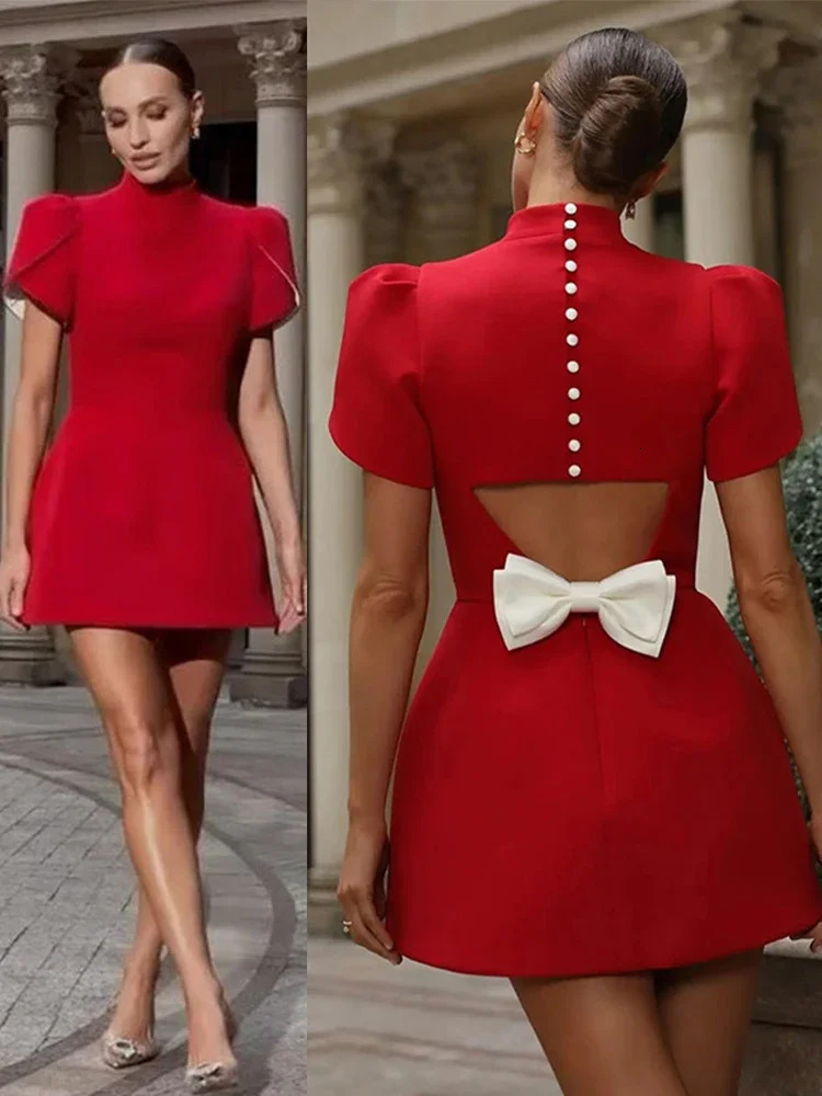 Hallow Out Bow Mini Dress Red Turtle Neck Weight Loss Pad Shoulders Womens High Waist A-Line Dress Socialite Street Evening Dress 250402