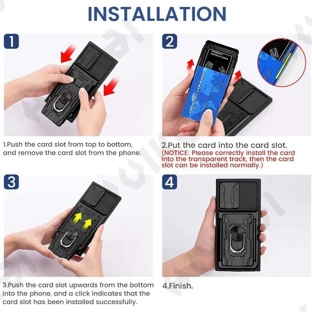 Case For Samsung Galaxy S25 S24 S23 S22 S21 Ultra Plus S20 FE A55 A35 A56 A36 4G 5G Slide Camera Card Holder 360° Ring Cover