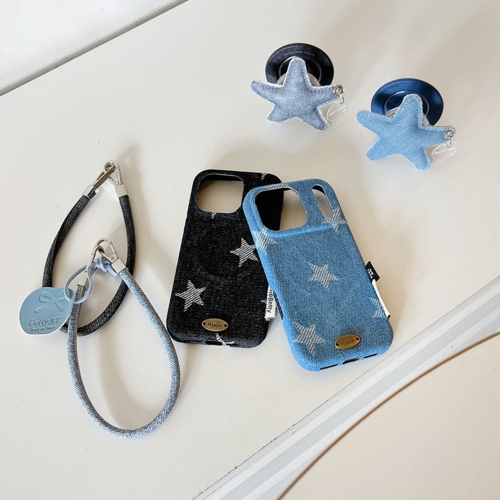 Denim Magnetic Star Stand Phone Case Compatible with iPhone 17/16 Pro Max Solid Color Lanyard Case iPhone 15/14 Pro
