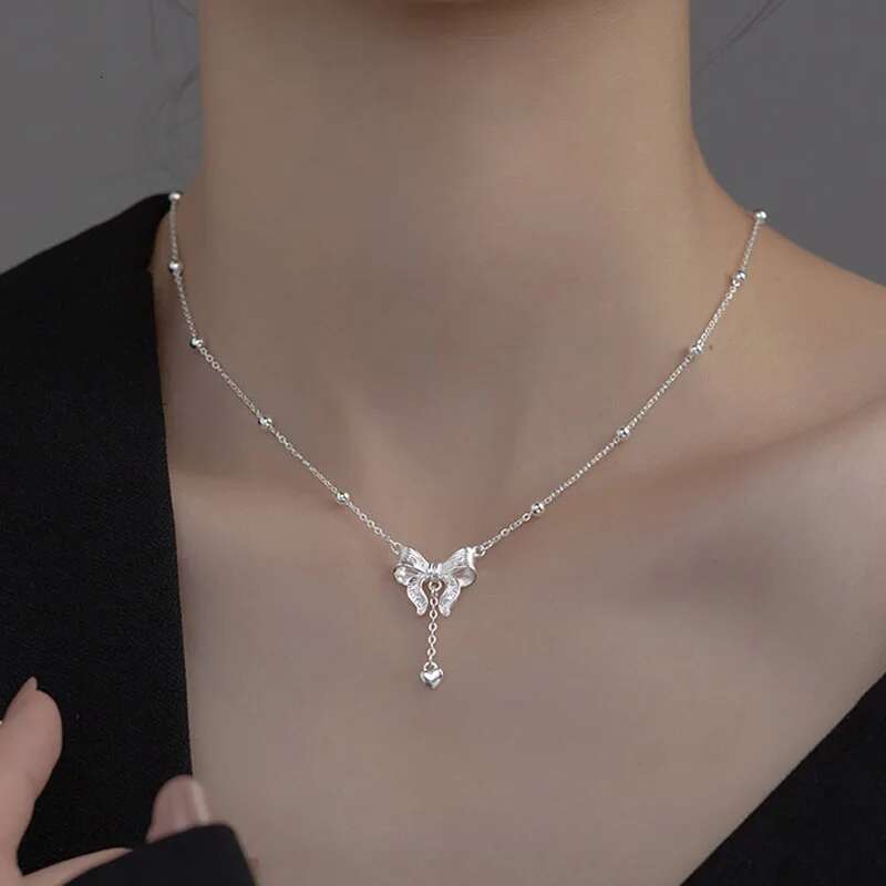 Sterg Sier Exquisite Bow Heart Pendant Necklace Beads Chain Fine Accessories For Women Wedding Party Gifts NK181